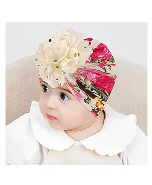SYGA Bow Turban Hat Floral Print Beige Pink - Circumference 36 cm