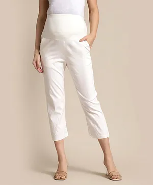 Bella Mama Full Length Maternity Trouser With Tummy Band Solid Color  - White