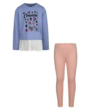 Converse Full Sleeves Heart Printed Top With High Waist Leggings - Blue & Pink