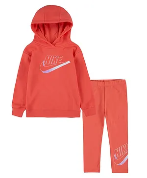 Nike Full Sleeves Logo Print Hoodie With Leggings - Orange