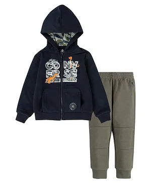Converse Full Sleeves Dinosaur Print Detailing Hooded Jacket With Joggers - Navy Blue