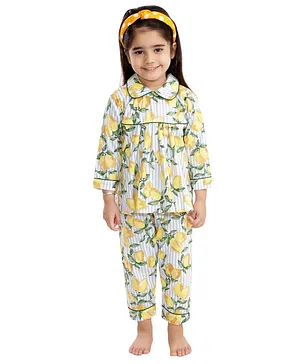 Teeni's Kidswear Full Sleeves Lemon Print Night Suit - Yellow & Sky Blue