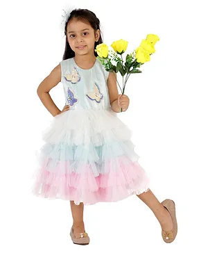 Teeni's Kidswear Sleeveless Sequined Butterfly Tulle Dress - Light Blue & Pink