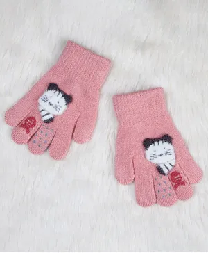 Unicorns Mittens With Cat Applique -Pink