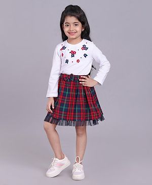 Babyhug Full Sleeves Top & Checkered Skirt Set Floral Embroidered - White Red