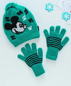 Model Woollen Cap & Gloves Set Mickey Mouse Print - Blue