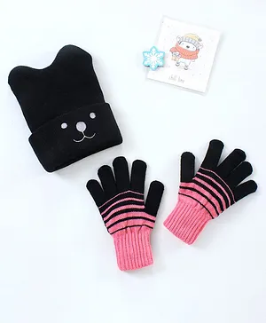 Model Woollen Cap & Gloves Set - Black Pink