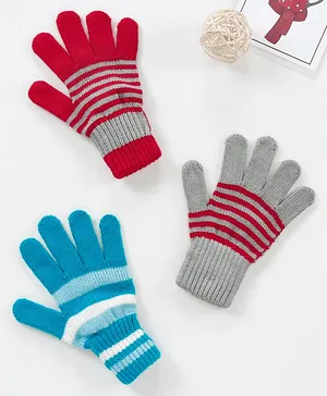 Model Striped Gloves Pack Of 3 - Blue Red Grey 