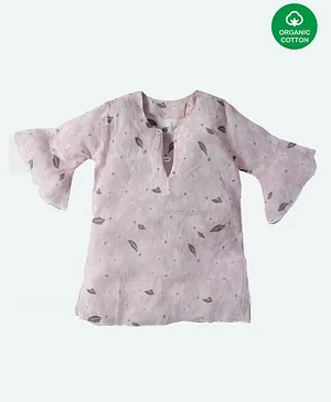 Nino Bambino Three Fourth Sleeves Leaves Printed Organic Cotton Top - Purple