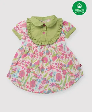 Nino Bambino 100% Organic Cotton Cap Sleeves Flower Print Apron Dress - Green