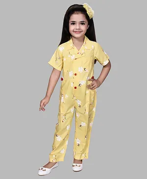Titrit Half Sleeves Floral Front Buttoned Jumpsuit - Yellow