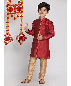 Vastramay Full Sleeves Motif Kurta Pyjama  - Maroon And Rose Gold