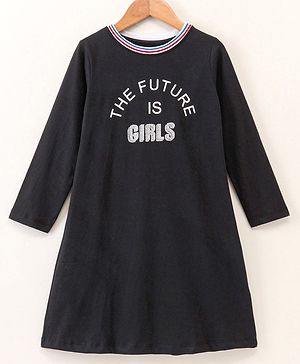 Pine Kids Full Sleeves Frock Text Graphic - Black