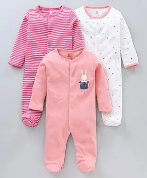 I Bears Full Sleeves Sleep Suits Heart Print Pack of 3 - Pink White Peach