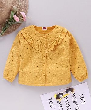Babyhug Full Sleeves Cotton Top With Schiffli And Frill Detailing - Yellow