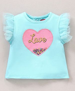 Babyhug Half Sleeves Tee With Heart Applique Sequins and Mesh Frill Detailing - Blue