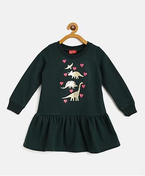 Pspeaches Full Sleeves Dinosaur Print Sweatshirt Dress - Green