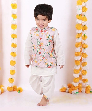Little Bansi Full Sleeves Kurta With Floral Print Jacket & Dhoti - White & Cream