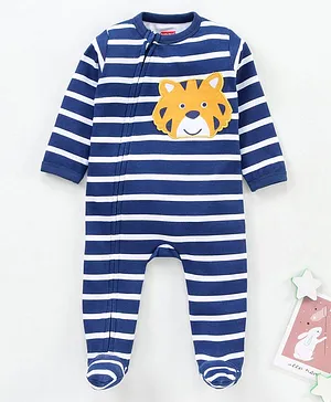 Babyhug Full Sleeves Sleepsuit Tiger & Stripes Print - Navy Blue