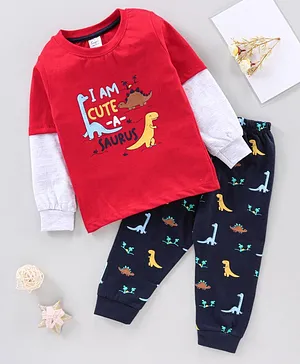 Simply Full Sleeves Tee and Lounge Pant Set Dino Print - Red