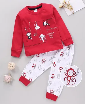 Simply Full Sleeves Tee and Lounge Pant Set Monkey Print - Red