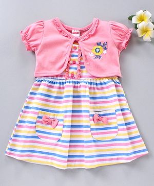 Babyhug Stripe Frock With Puff Sleeves Shrug Flower Embroidery - Pink Multicolour