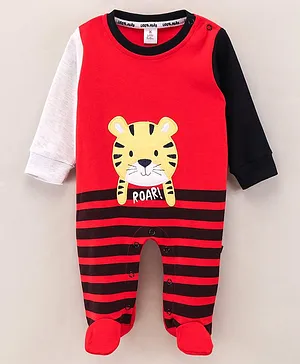 Little Folks Cotton Knit  Full Sleeves Tiger Patch Romper - Red & Black