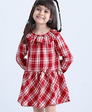 Babyhug Full Sleeves Frilled Lurex Checked Frock - Red