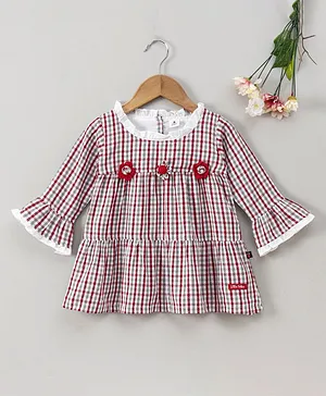 Little Folks Full Sleeves Checked Frock Floral Applique - Red