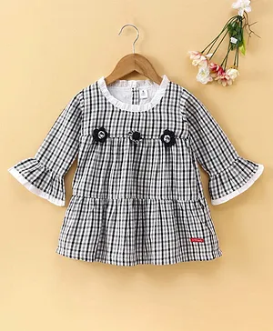Little Folks Full Sleeves Checked Frock Floral Applique - Navy Blue