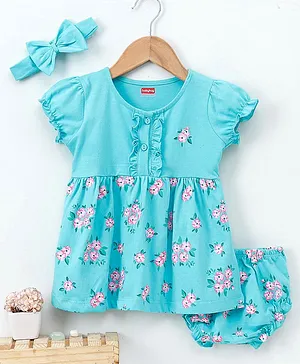 babyhug Short Sleeves Frock with Bloomer and Headband Floral Print - Blue
