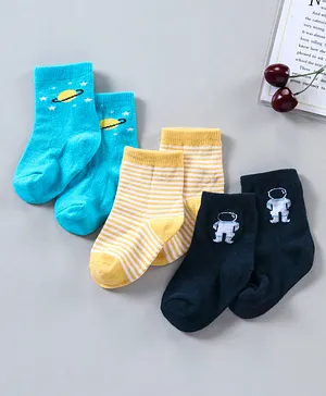 Cute Walk by Babyhug Ankle Length Antibacterial Socks Space Design Pack of 3 - Blue Yellow Black