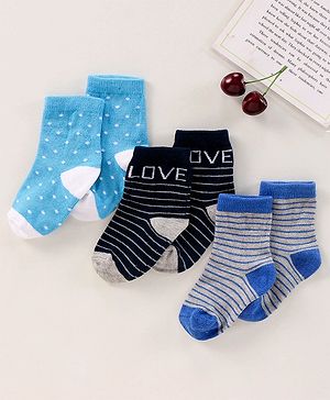 Cute Walk by Babyhug Anti Bacterial Ankle Length Terry Socks Pack of 3 - Light & Navy Blue Grey