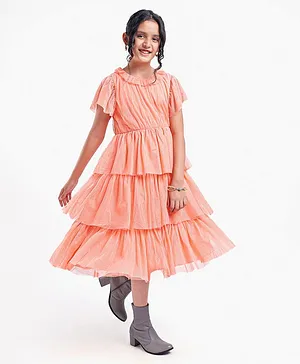 Pine Kids Party Wear Short Sleeves Tiered Frock with Gold Foil Print - Pink