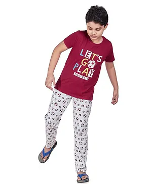 Soft Touche Half Sleeves Let's Go Play Printed Night Suit - Maroon