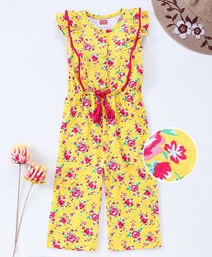 Babyhug Half Sleeves Jumpsuit with Inner Tee Floral Print - Yellow