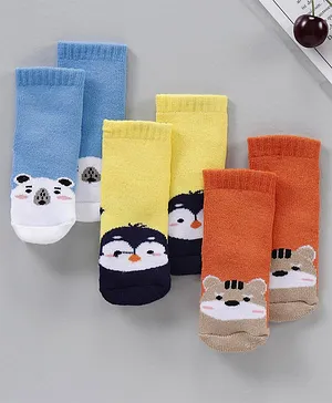 Cutewalk by Babyhug Anti-bacterial Ankle Length Terry Socks Pack of 3 Animals Design - Yellow Blue Orange