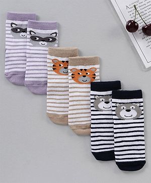 Cutewalk by Babyhug Anti-bacterial Anti Skid Ankle Length Terry Socks Pack of 3 Animals Design - Purple Brown Black