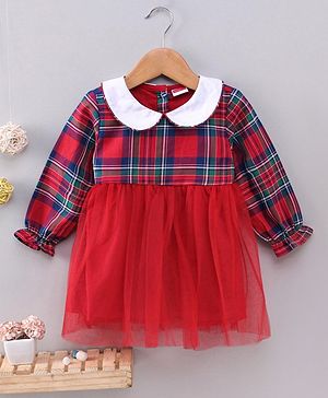 Babyhug Full Sleeves Frock Checked Print  - Red