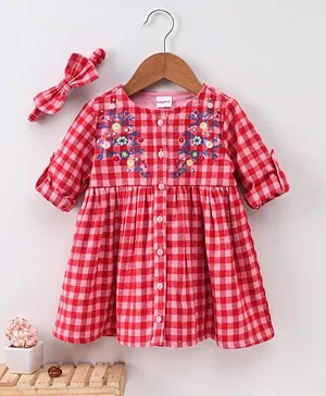 Babyhug Full Sleeves Fit and Flare Yarn Dyed Frock with Hairband Checked with Floral Embroidery - Pink Red