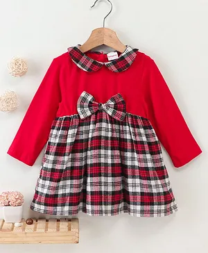 Babyhug Full Sleeves Fit and Flare Yarn Dyed Frock with Bow Checked - Red