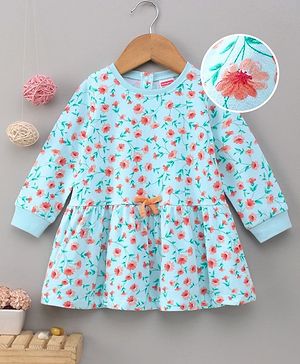 Babyhug Full Sleeves Knee Length Frock Floral Print - Blue