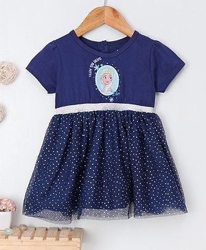 Babyhug Half Sleeves Frock Frozen Print - Navy
