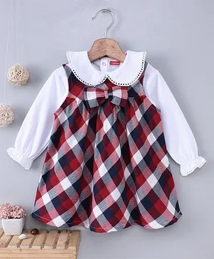 Babyhug Yarn Dyed Checks Frock with Full Sleeves Inner Tee - Red White