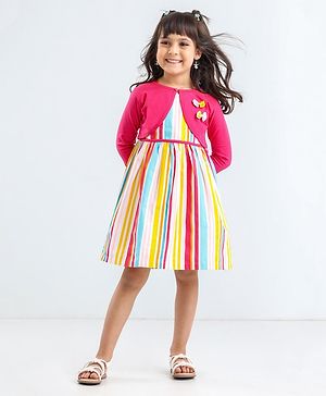 Babyhug Full Sleeves Vertical Stripes Frock with Bow on Shrug - Pink Multicolor