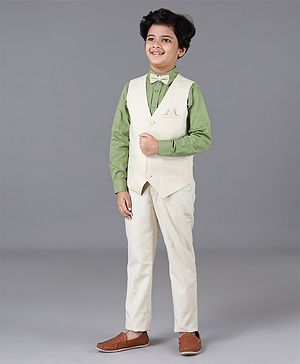 Pine Kids 3 Piece Full Sleeves Party Suit With Bow - White Green