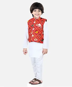 BownBee Patan Patola Jacket With Full Sleeves Kurta Pajama - White