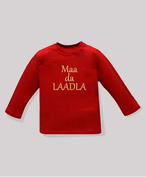 KAVEE 100% Cotton Biowashed  Full Sleeves Maa Da Laadla Print Tee - Red