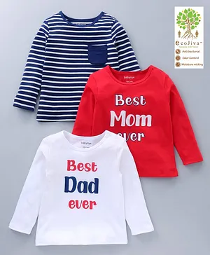 Babyoye Full Sleeves Tee Striped and Text Print Pack of 3 - Blue Red White