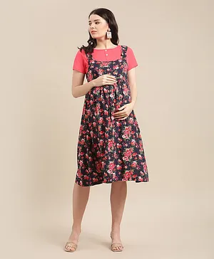 Bella Mama Maternity Dress with Half Sleeves Inner Tee Floral Print - Pink